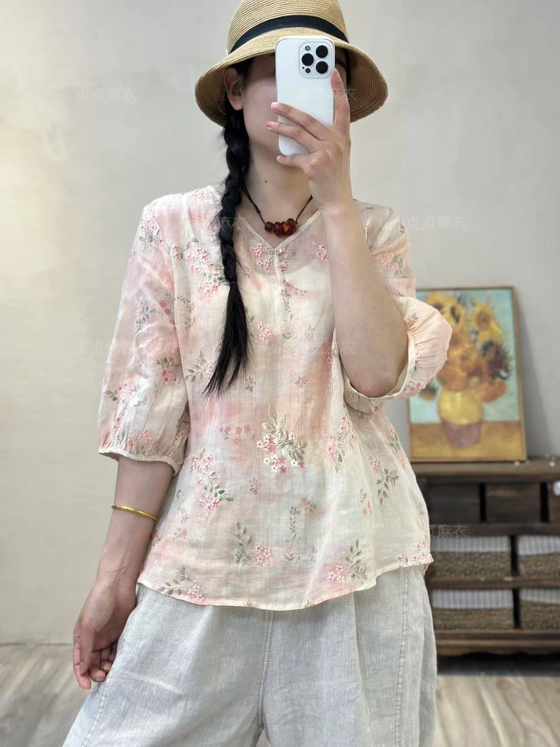 50703-夏季文艺复古风V领套头碎花女式上衣