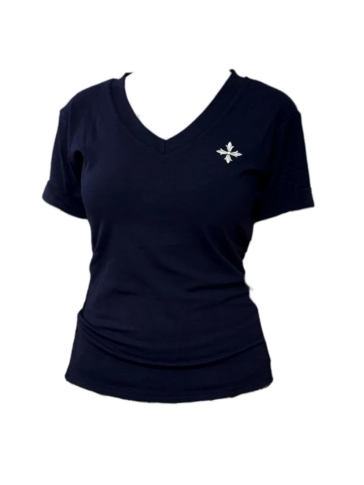 【Amy家】微胖mm设计感十字架V领短袖T恤女夏季百搭显瘦辣妹上衣女