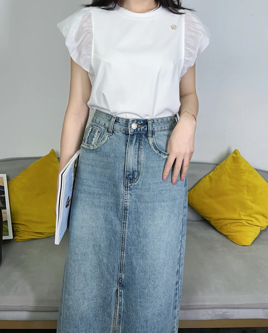 57208新款时尚宽松圆领泡泡袖风车胸针百搭短袖小衫上衣夏季高腰