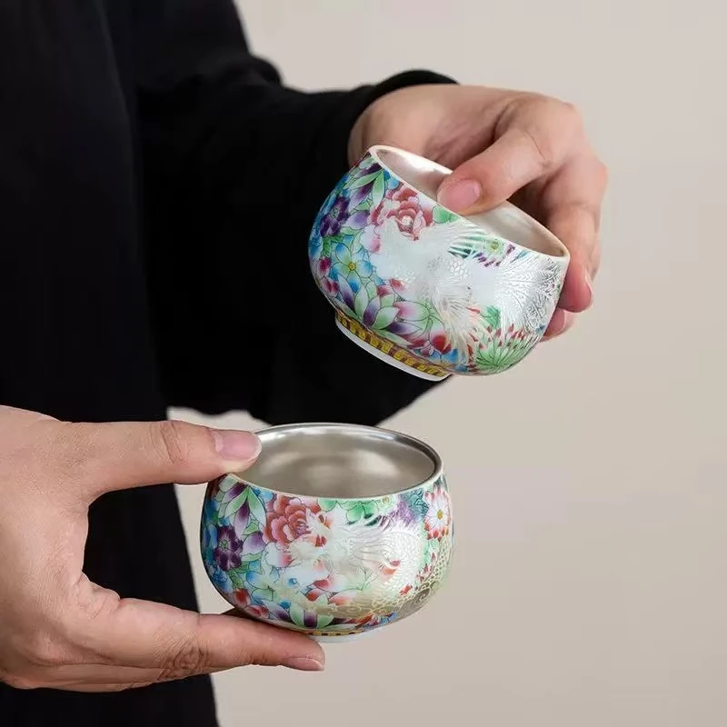 zh2922-珐琅彩龙凤银杯一对带桃花礼盒