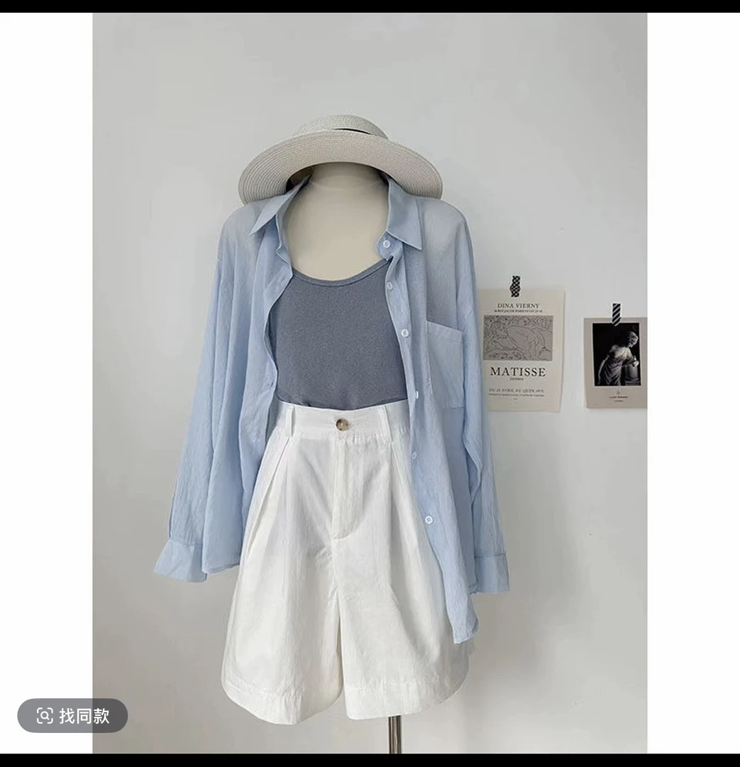 【香巧】夏季套装新款宽松韩版防晒衬衫搭配吊带显瘦休闲短裤两件套