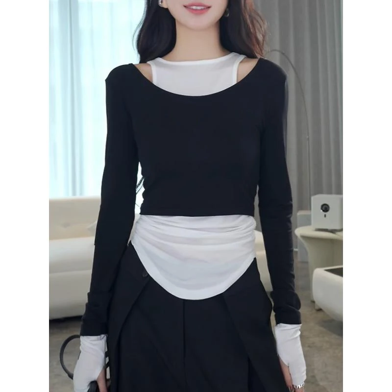 气质时尚黑色假两件露肩长袖针织衫女2025秋季新款修身显瘦设计感