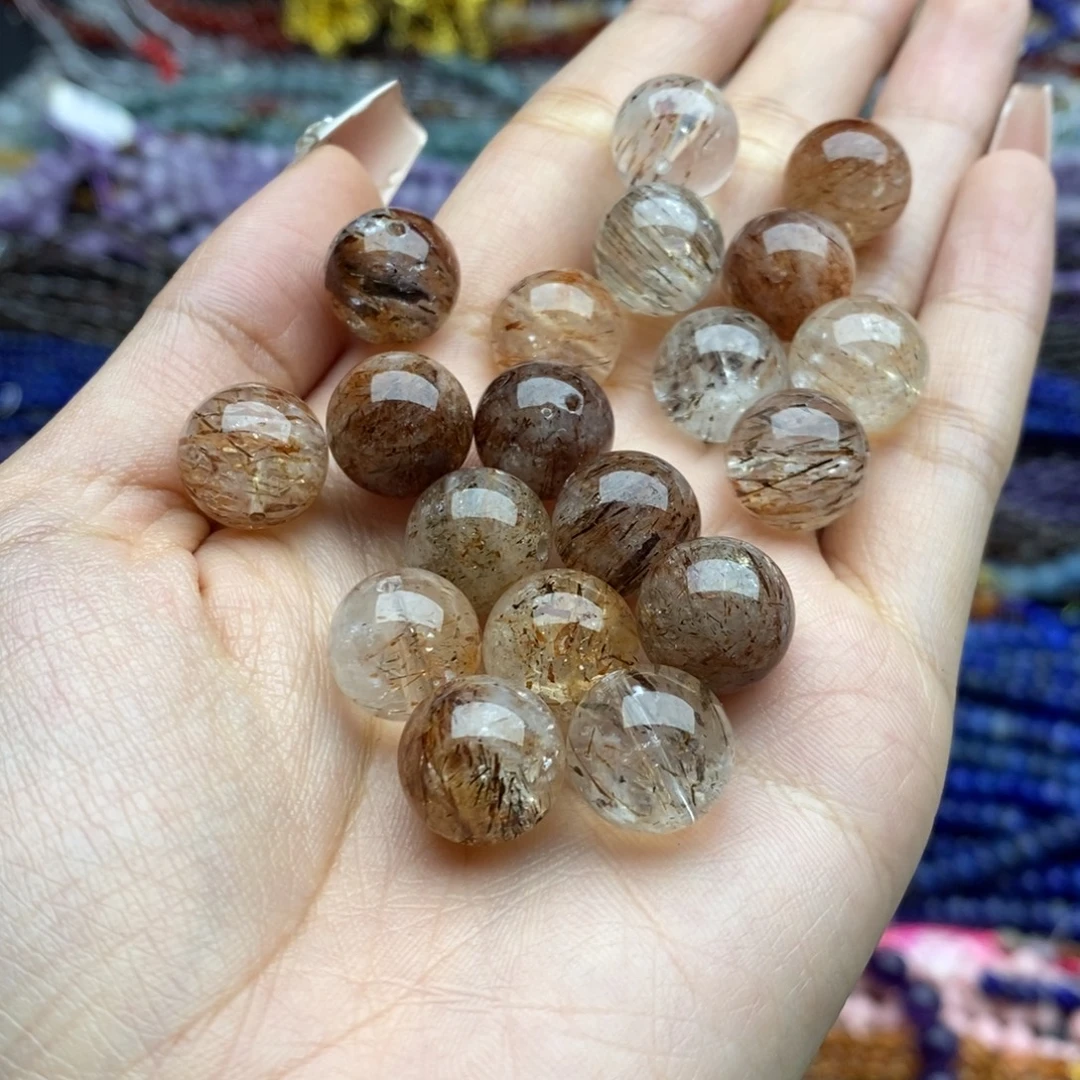 玛瑙/玉髓未镶嵌珠宝半成品两个装纯天然黑金超七水晶12mm