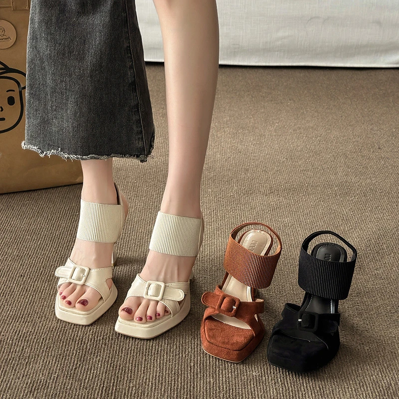 欧版绒面方头厚底细跟凉鞋女2025夏季新款皮带扣防水台露趾高跟鞋