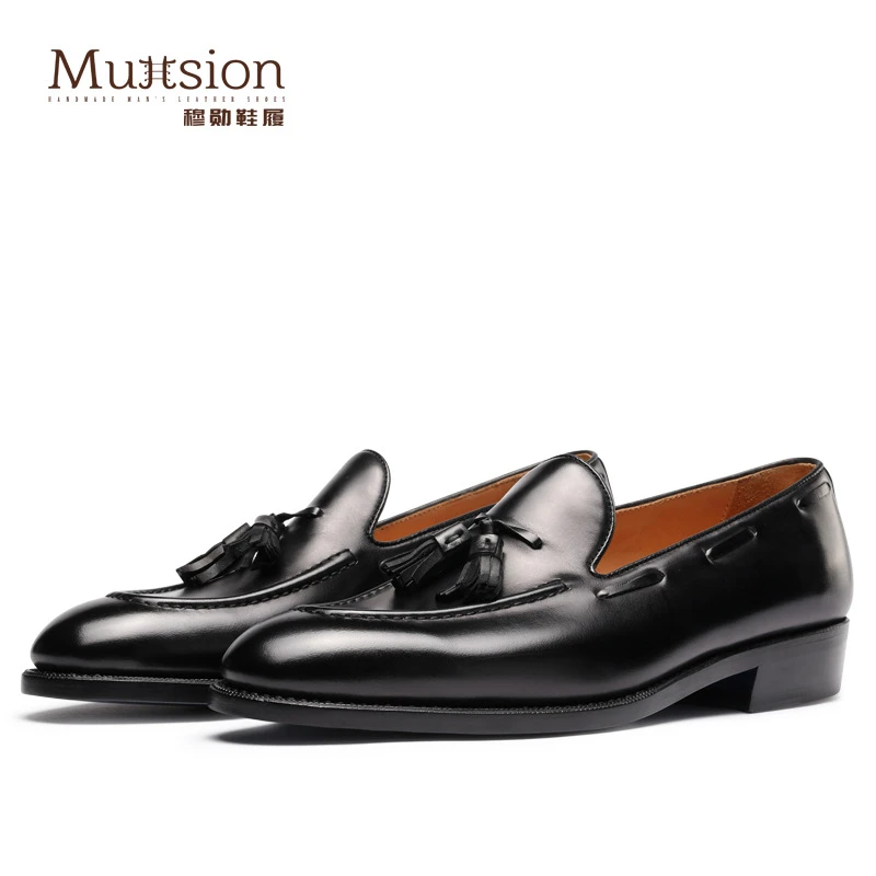 秋季新款乐福鞋男流苏真皮商务男鞋全牛皮一脚蹬穿脱便透气豆豆鞋