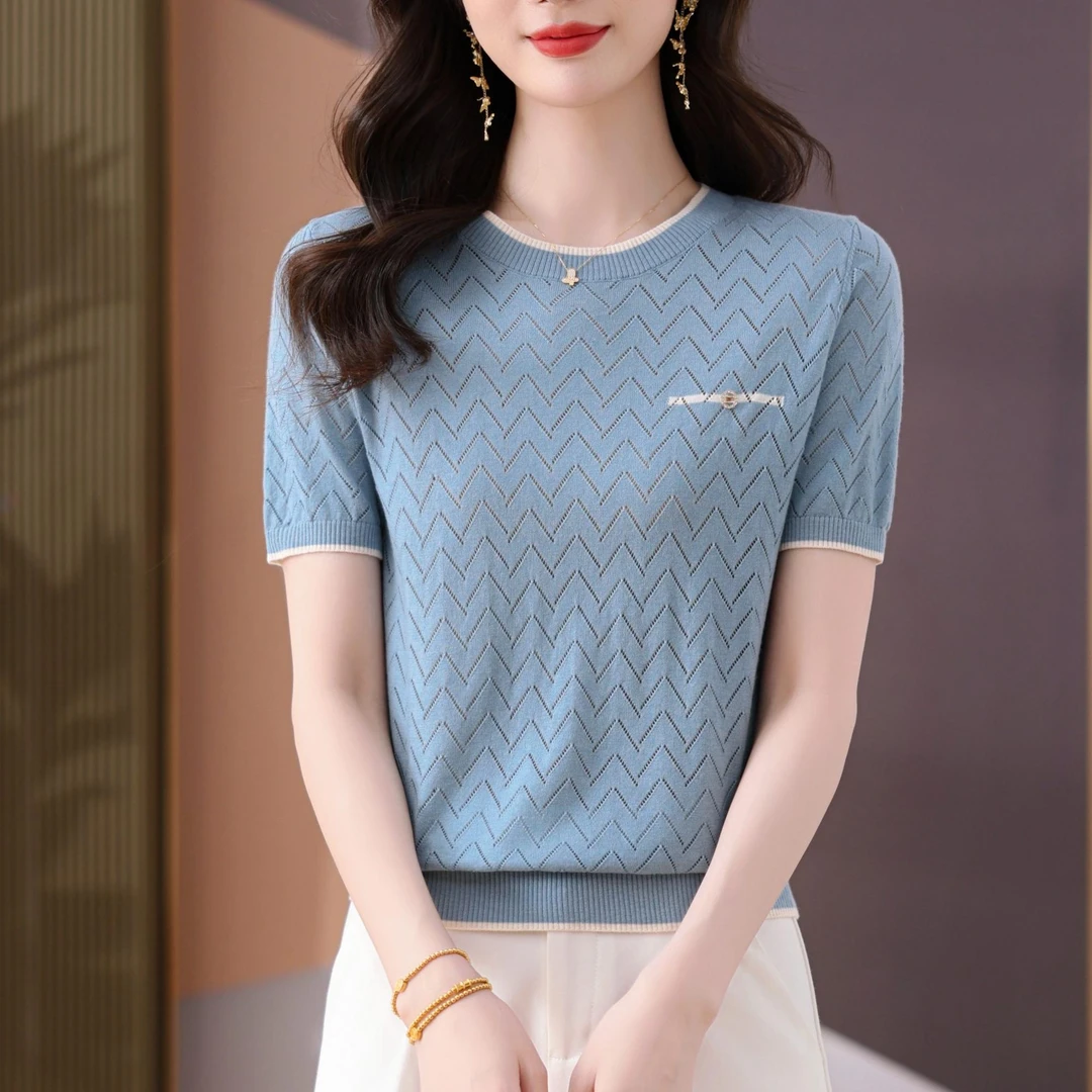 25天丝新款夏季女士圆领设计宽松遮肉时尚百搭短袖上衣