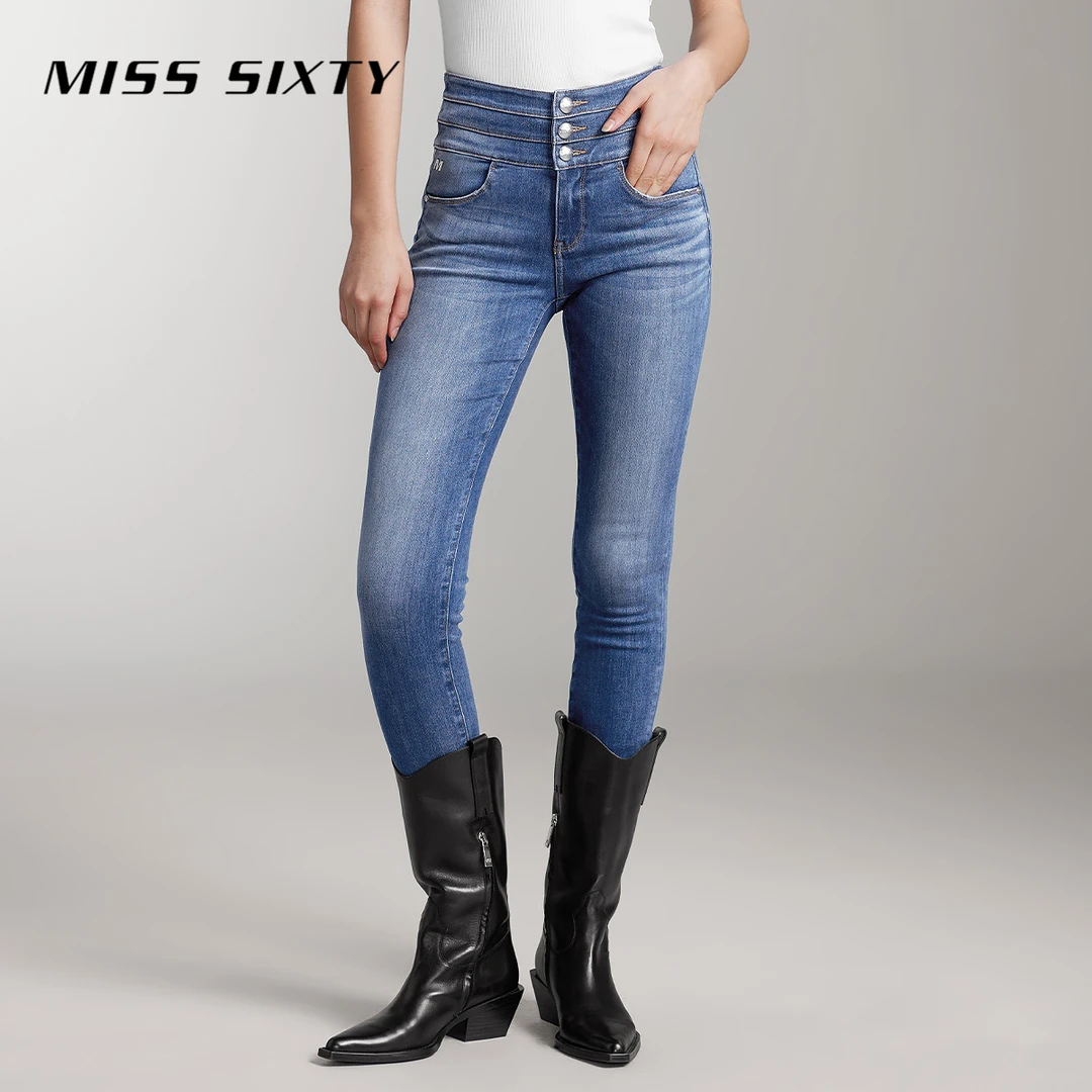 Miss Sixty含天丝牛仔裤女三环高腰九分裤修身铅笔裤
