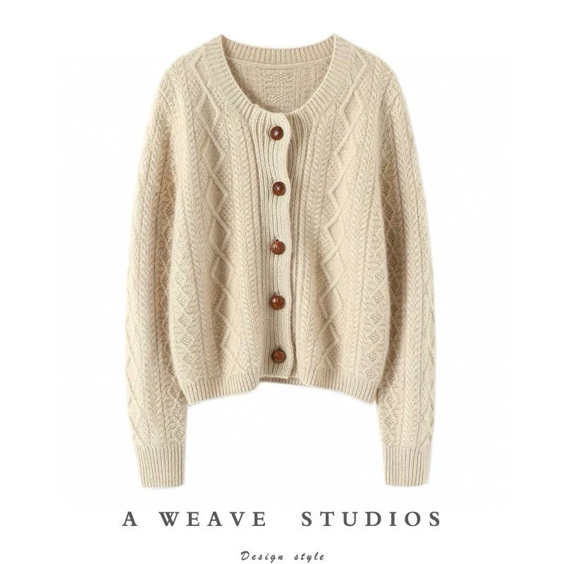 纯澳毛五针三股圆领加厚长袖开衫慵懒上衣WQ806