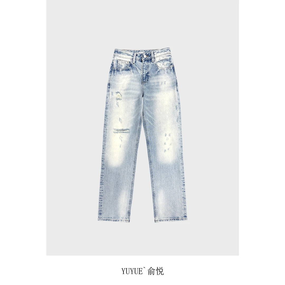 【白蓝小筒裤】法式重磅原牛面料小直筒磨白多处烂位水洗复古牛仔裤