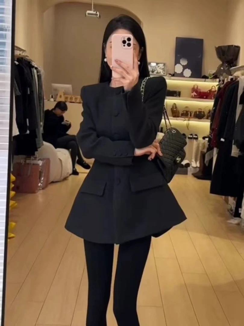 小香风黑色西装外套女2025早春新款收腰显瘦高级感连衣裙
