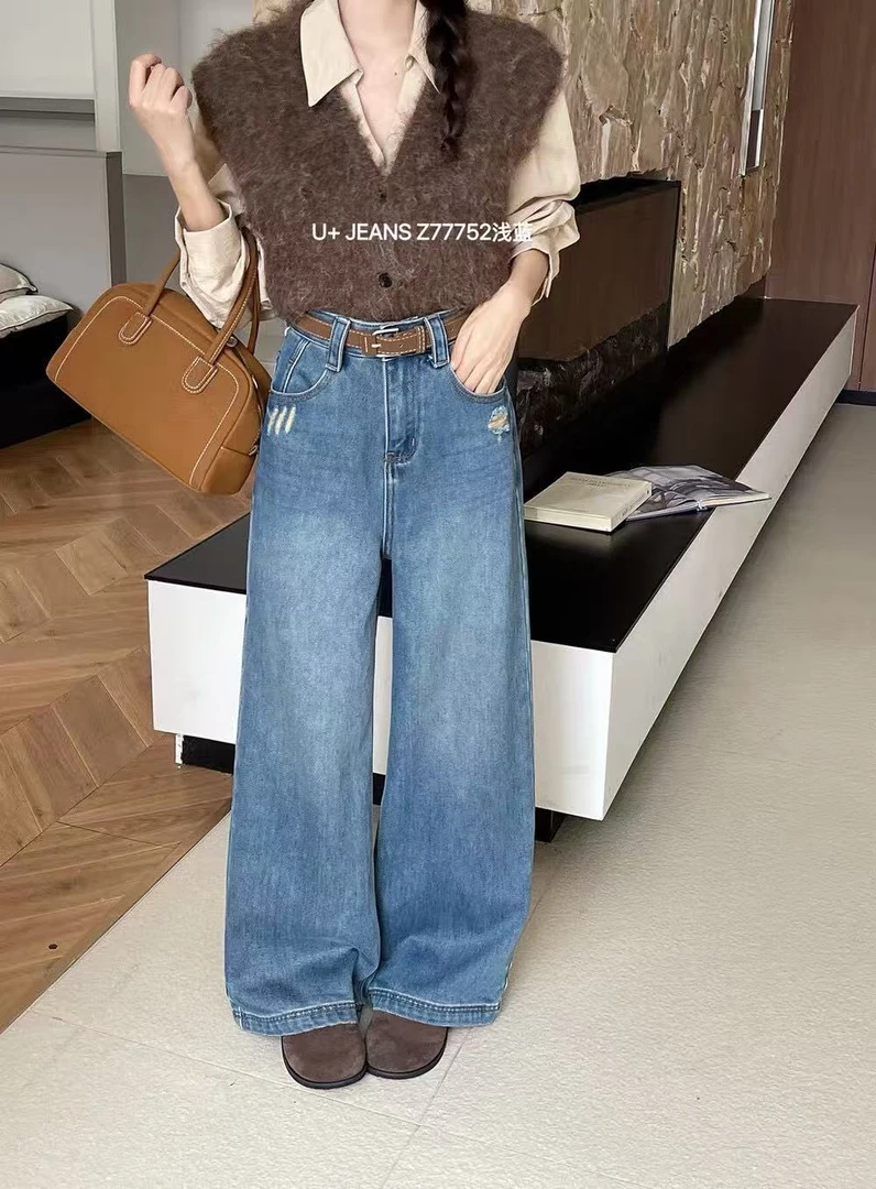 【阿婷家】Z77752时尚浅兰口袋割破本仔裤