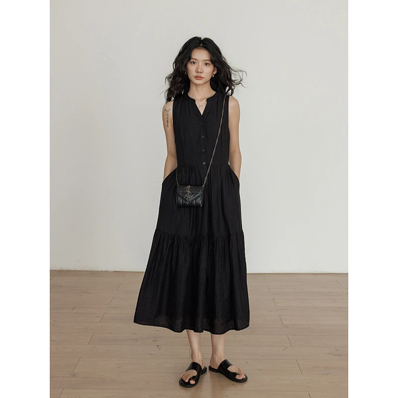 vastand维尚 夏季慵懒风无袖黑色连衣裙小众裙子温婉长裙出游法式