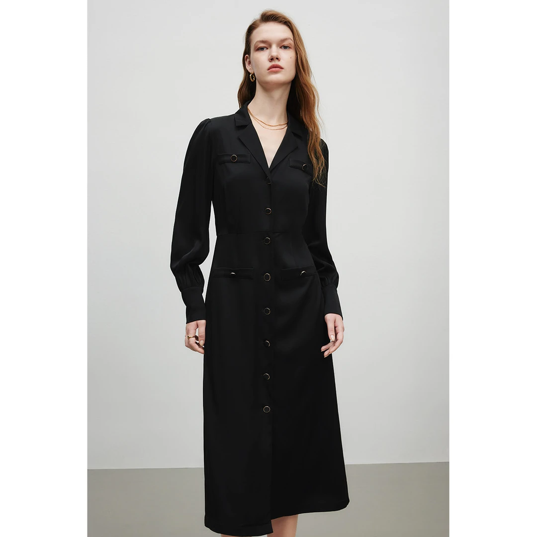 【小余专属】极简气质连衣裙秋季灯笼袖别致翻领中长裙Y534300544