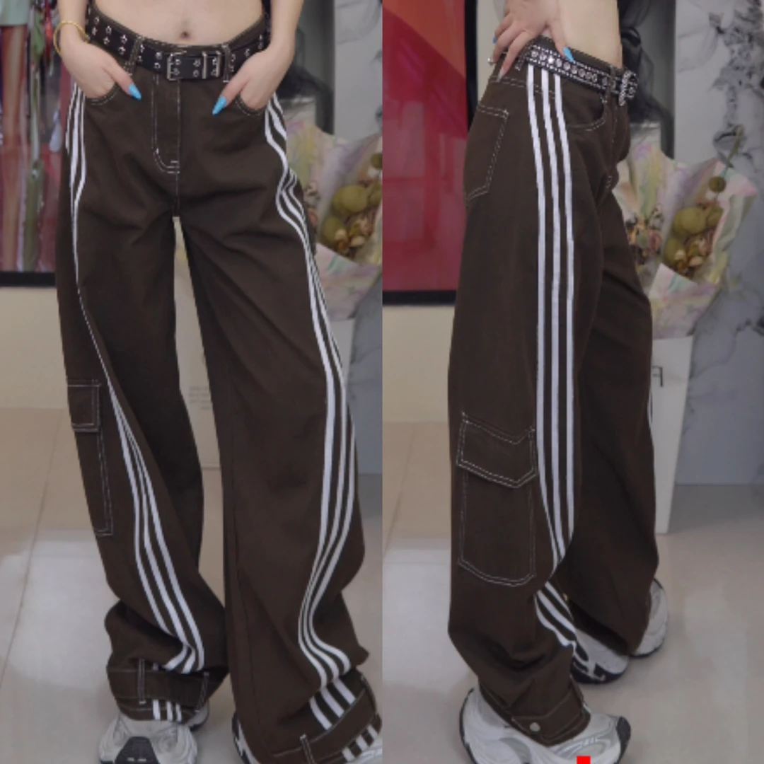 秋季新款高腰条纹女2025设计感宽松显瘦韩版美式休闲弯刀裤牛仔裤