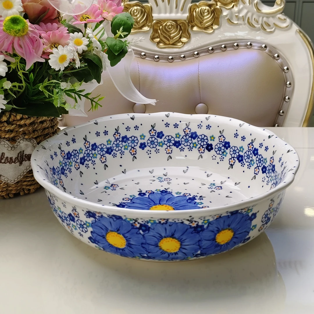 新瓷 新疆包邮【勿忘我】手绘釉下彩欧式汤碗12英寸干锅盛汤饭欧式