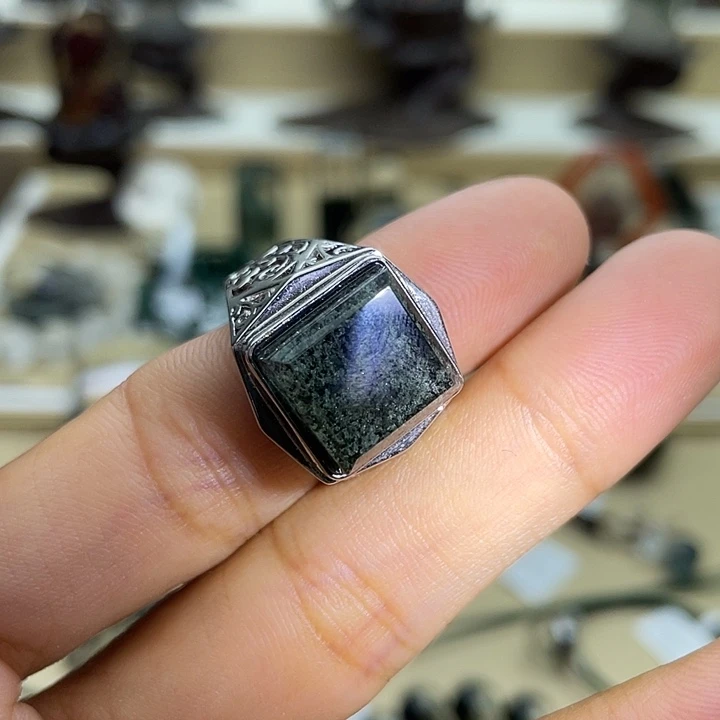 水晶戒指银S925镶嵌绿幽灵方块