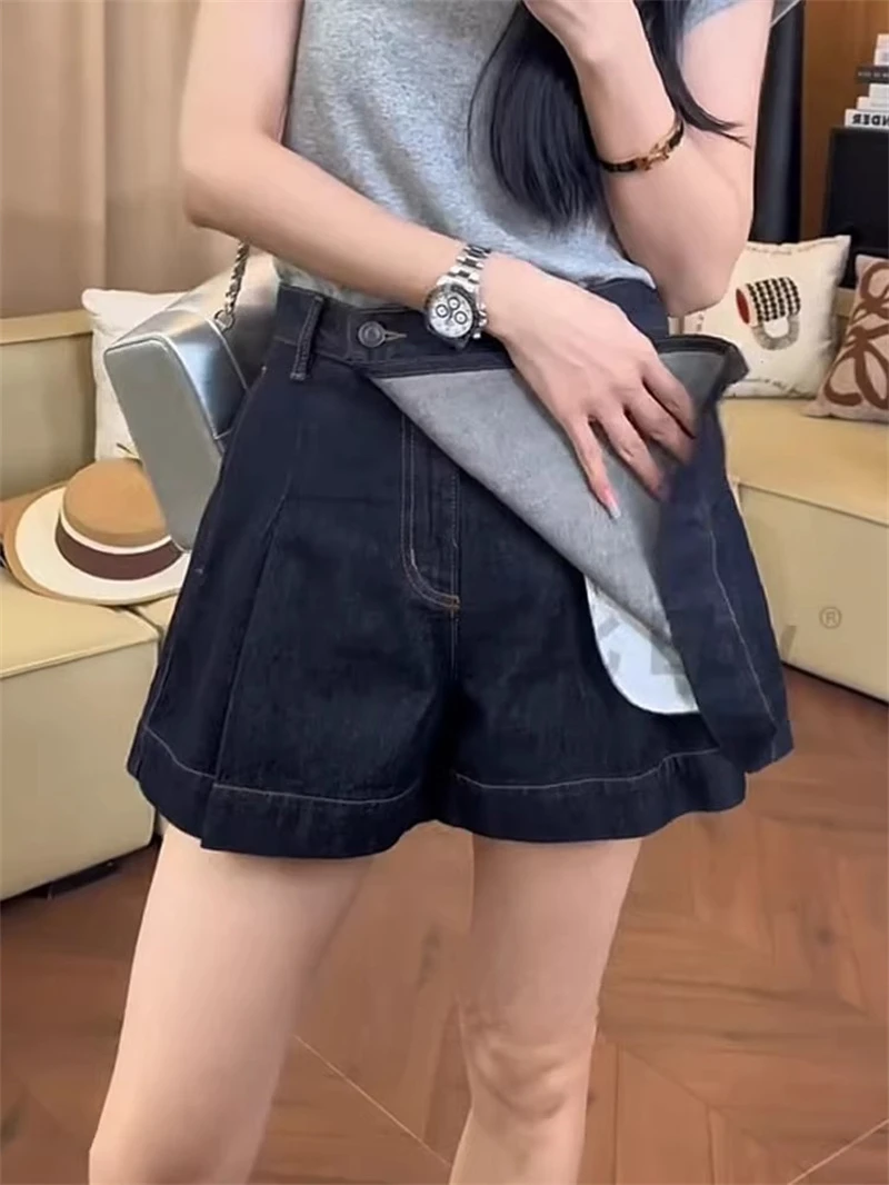 薄款高腰不规则宽松牛仔短裤大码显瘦设计感裤裙胖mma字阔腿热裤