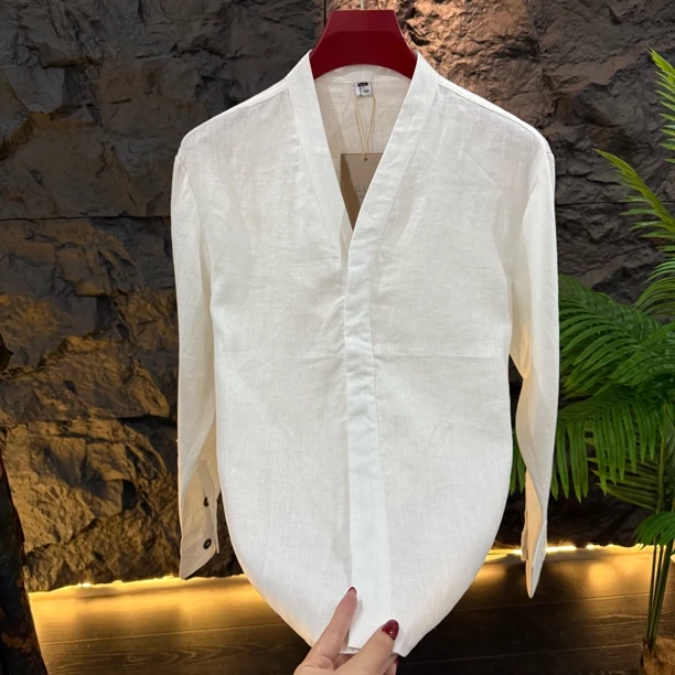 纯麻欧货青春潮流男士时尚百搭帅气V领长袖亚麻衬衫