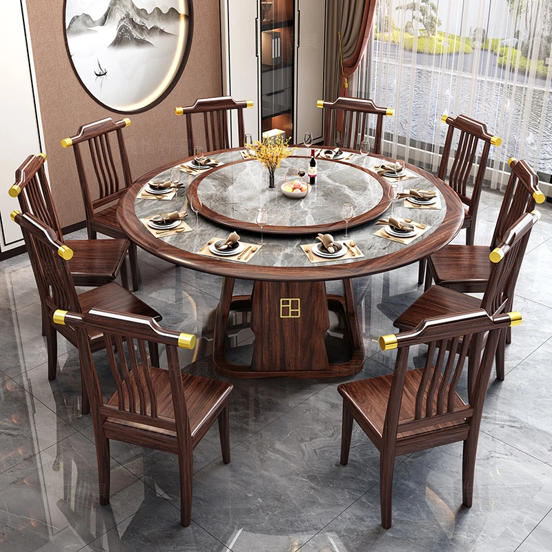 新中式乌金木餐桌椅组合家用餐厅饭店带转盘饭桌实木包边岩板圆桌