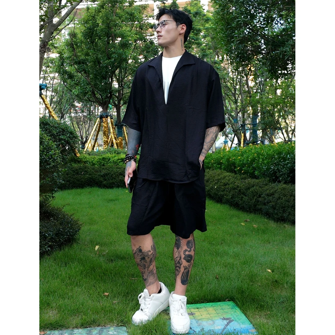 HSNH老钱风轻奢亚麻百搭假两件V领短袖休闲男款套装夏季