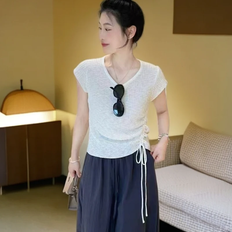 法式甜美减龄冰丝针织t恤女2025夏季设计感抽绳收腰显瘦气质上衣