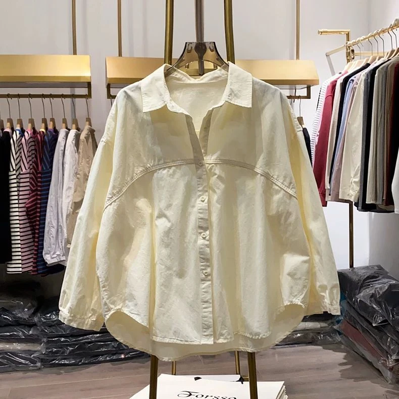 9985纯棉十三行韩版设计感显瘦线条宽松翻领衬衫女秋减龄百搭上衣