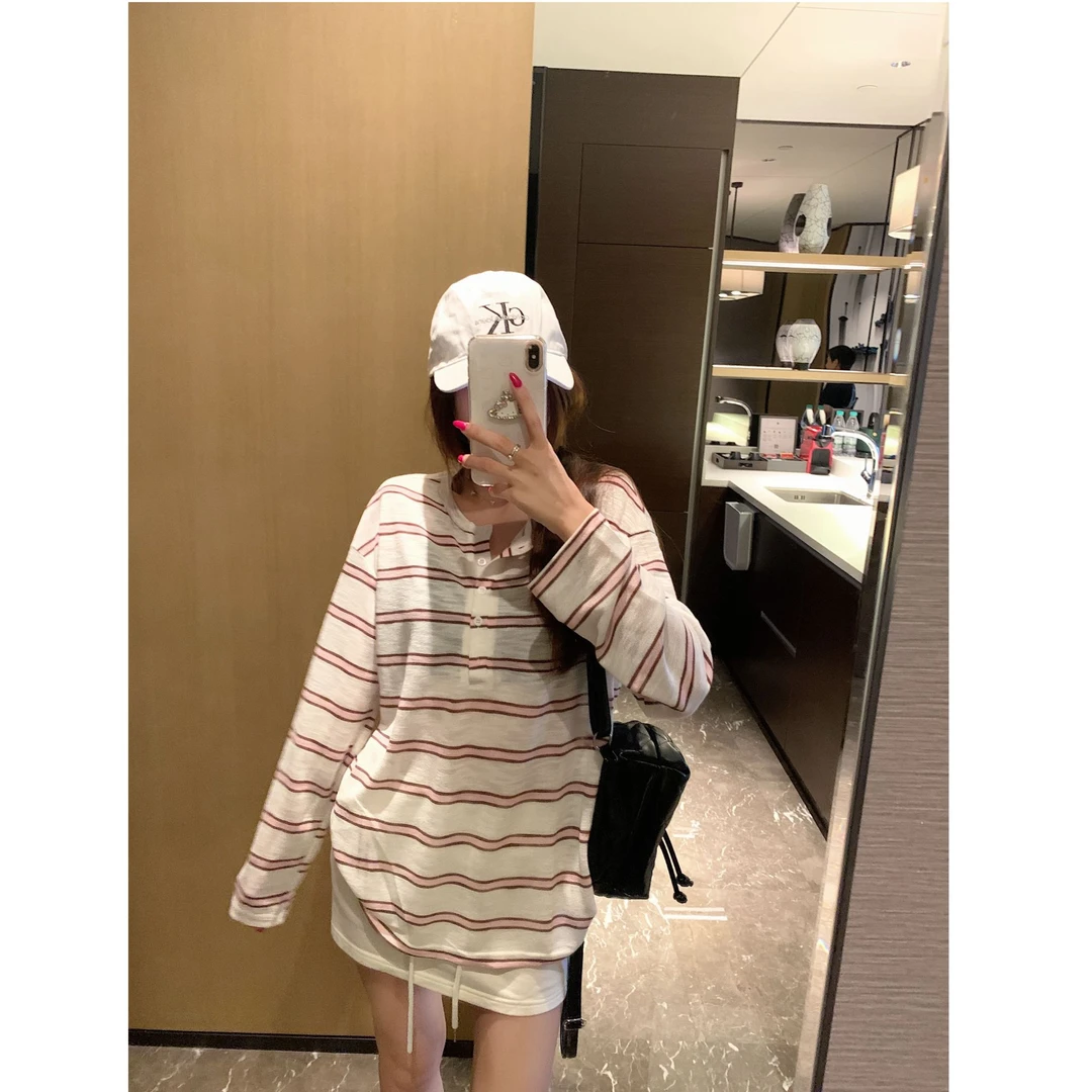 【正确版】松弛感宽松慵懒条纹长袖防晒衣半开领休闲上衣女X3760