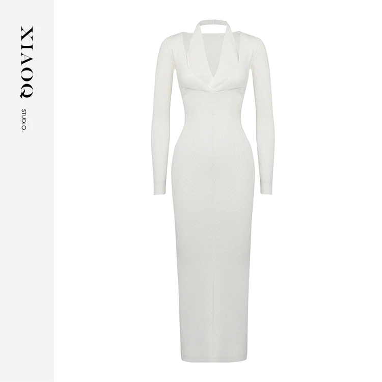 【小Q家】45988气质性感修身收腰包臀深v领挂脖连衣裙T