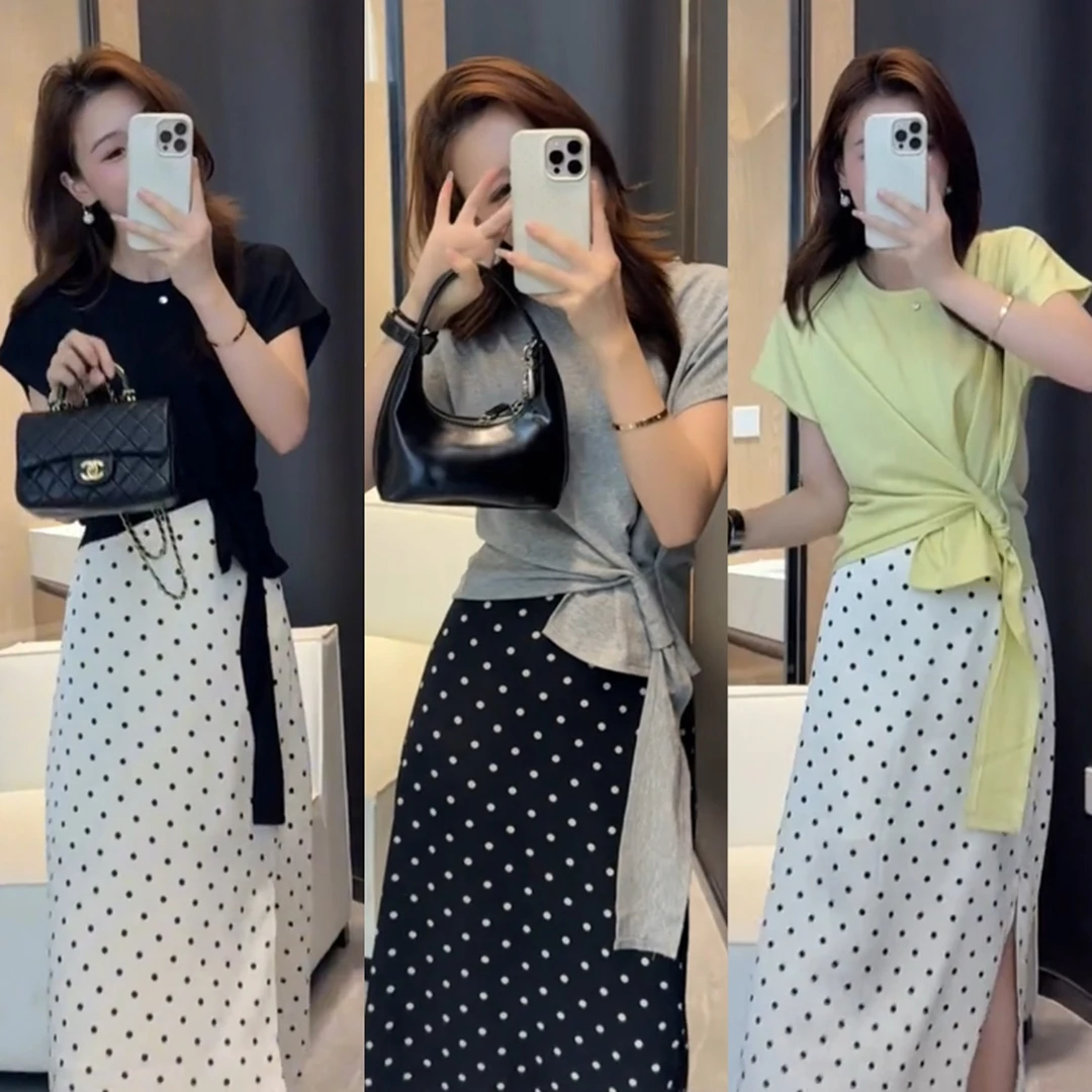 爆款设计感短袖T恤+波点半身裙两件套女装夏季时尚气质显瘦两件套