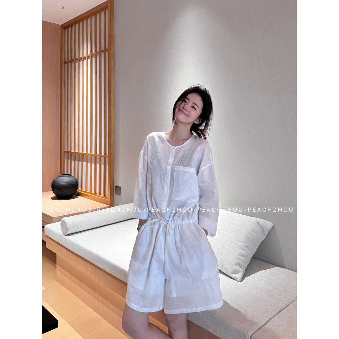 『PEACHZHOU』100亚麻贴袋圆领九分袖衬衫松驰休闲高级老钱连体短裤