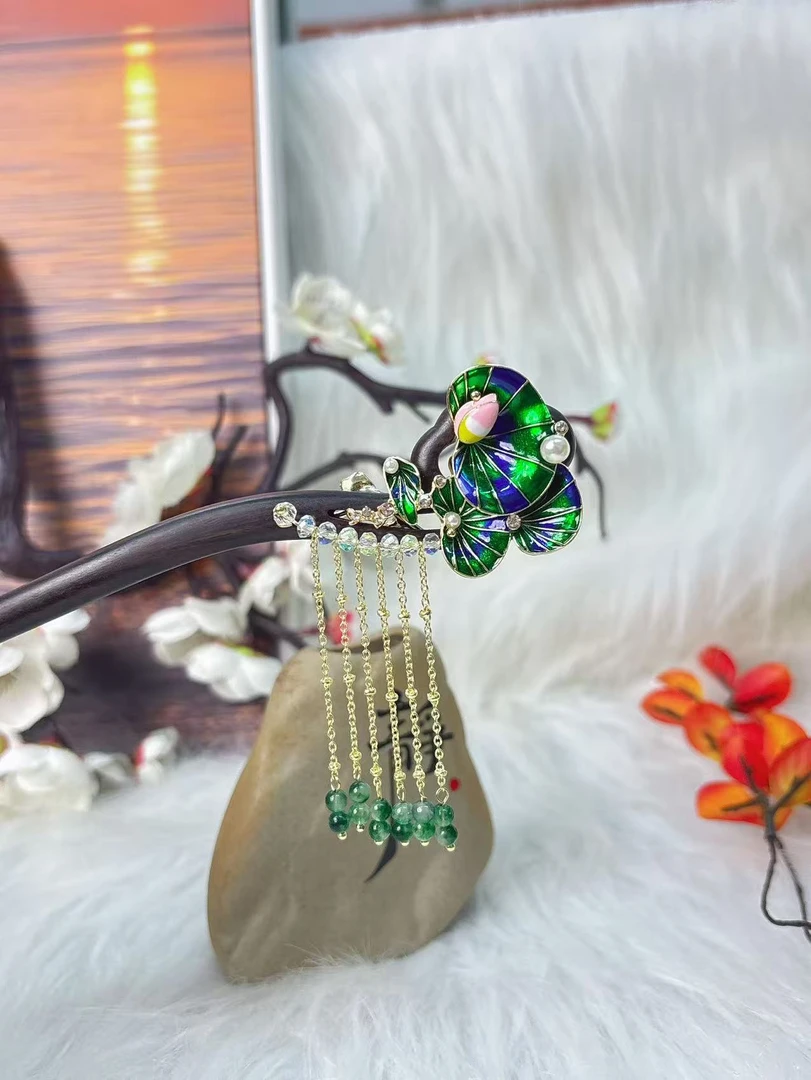 炑歌K419原创设计绿色长流苏百搭款18公分发簪