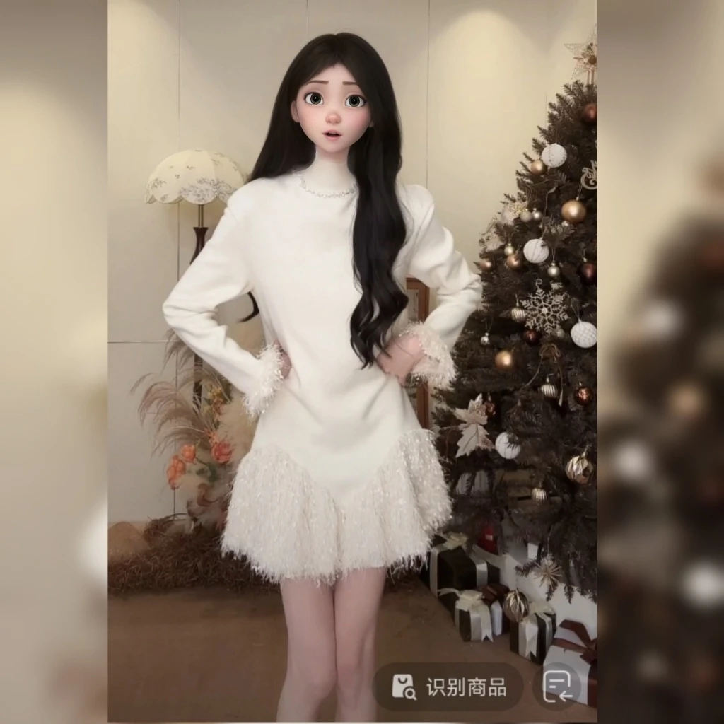 独特超好看设计感加绒流苏短裙秋冬新款领口钉钻设计宽松连衣裙女