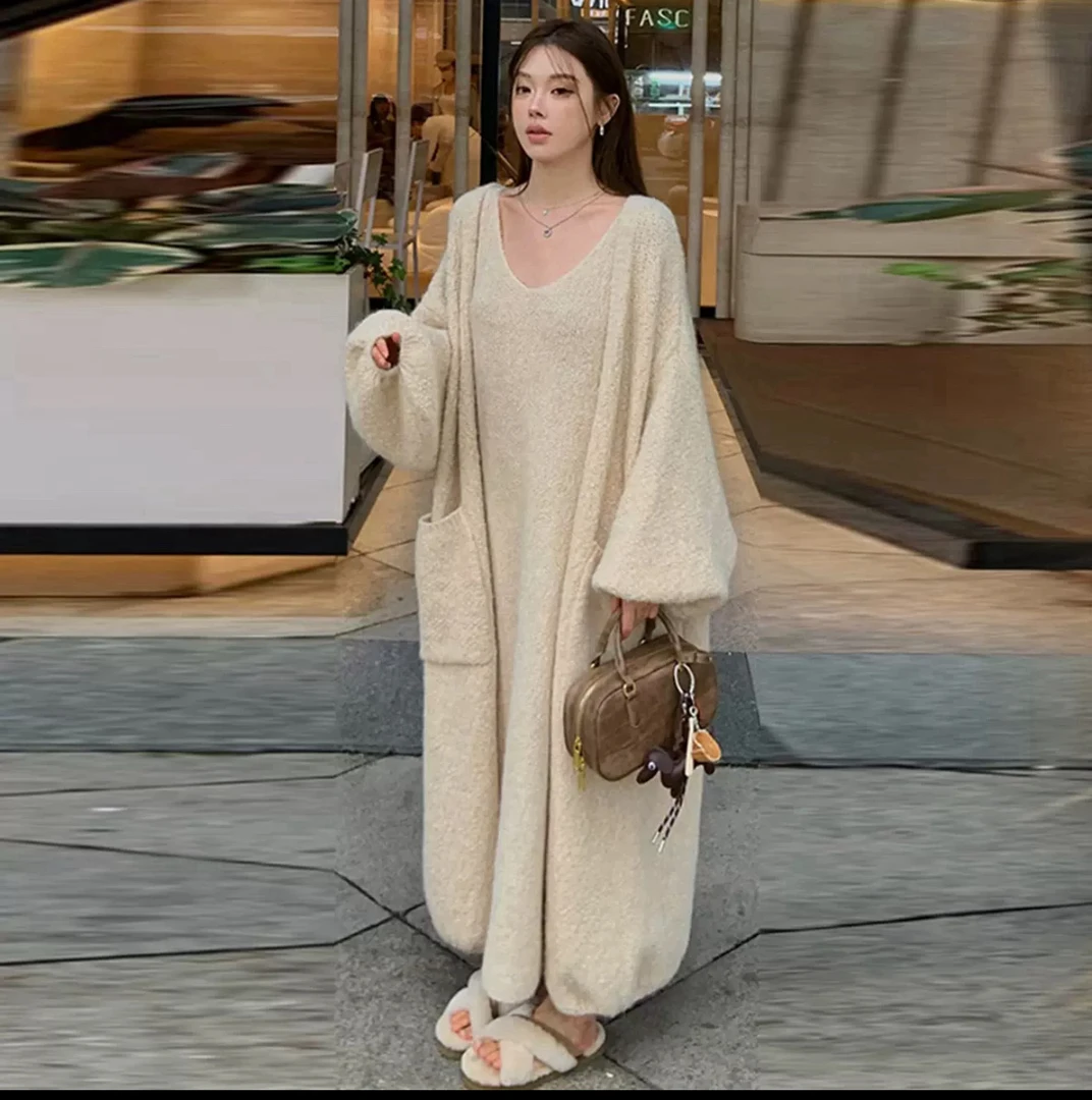 灯笼袖长款开衫女2025秋冬新款宽松百搭慵懒风针织毛衣外套