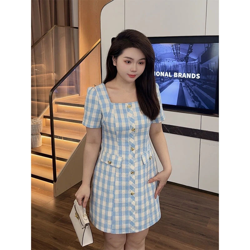 大梦微胖定制【DM755】法式小香风遮肚气质显瘦方领格子连衣裙
