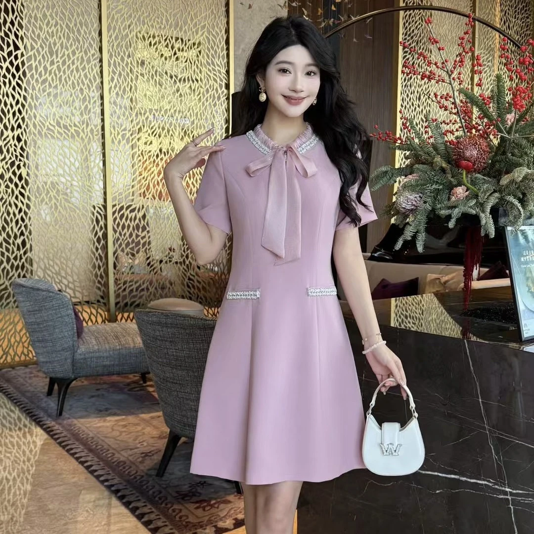 法式高级时尚气质粉色飘带钉珠夏季连衣裙208