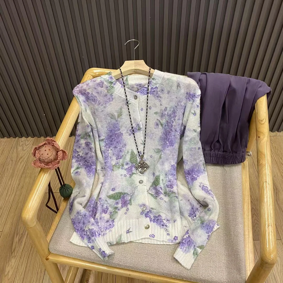 早秋印花薄款马海毛长袖针织开衫减龄温柔风时尚碎花上衣女Z5817