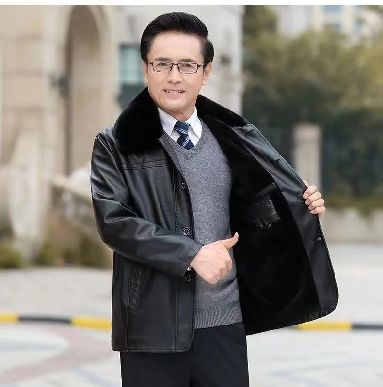 男士皮衣加绒加厚爸爸装纽扣款皮衣