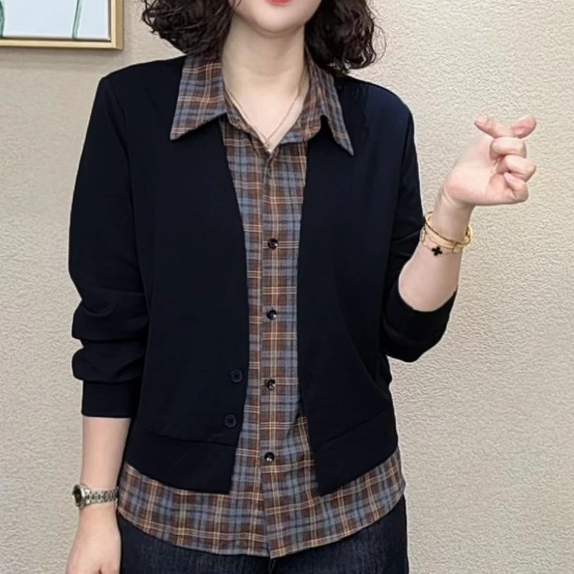 早秋时尚长袖假两件衬衣翻领拼接格子衬衫2025新款春秋洋气妈妈装