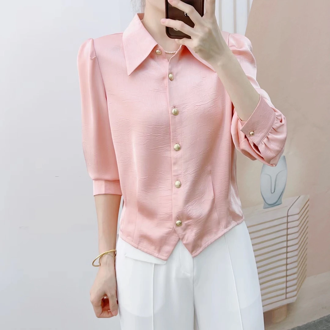 108早秋季新品专柜时尚气质丝滑百搭开扣长袖小衫F3清