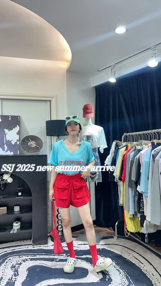 纯色薄款春季多口袋春夏季短裤套装印花个性夏季蓝色百搭红色