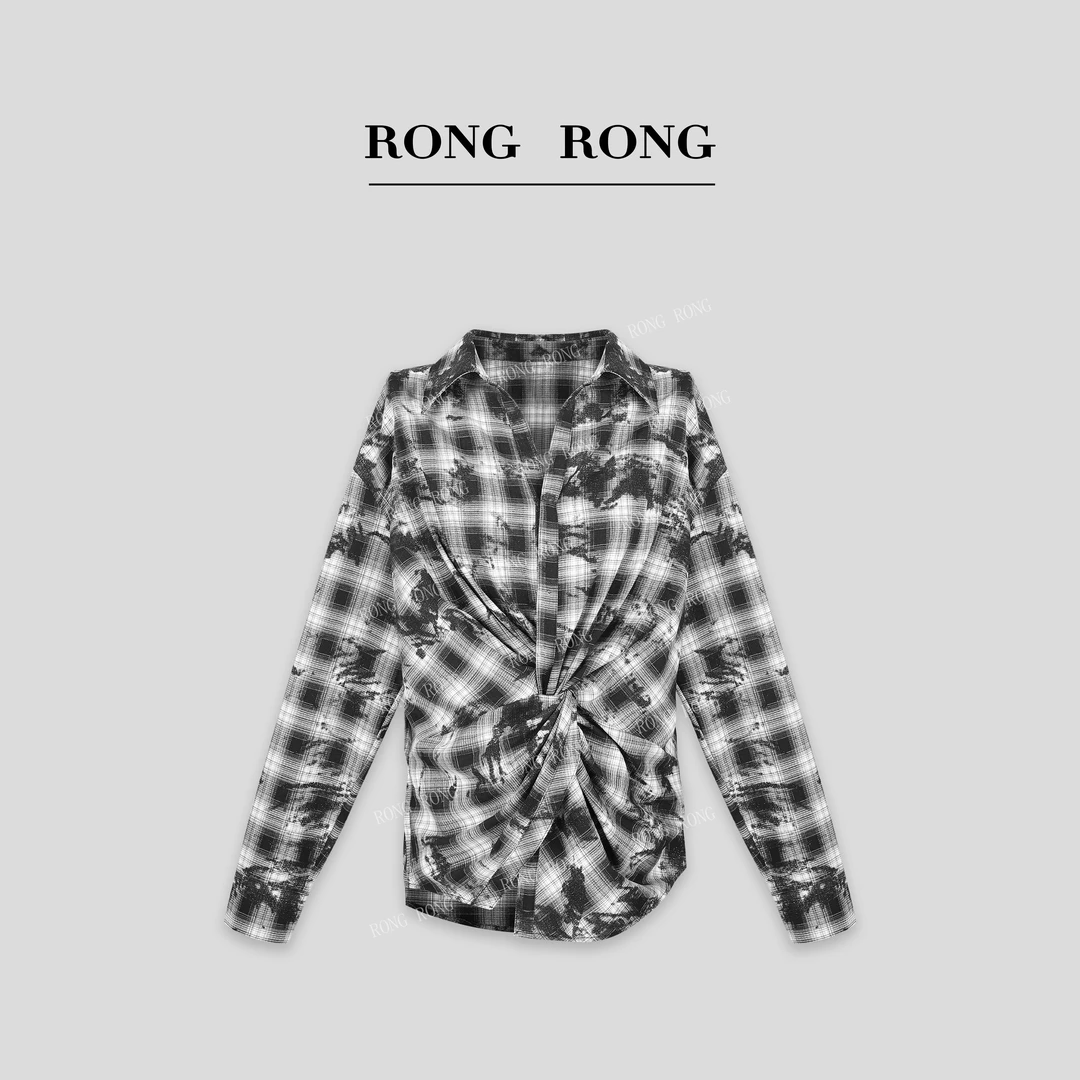 溶溶T【艺术剪影】RONG 定制棉混纺黑白格舒适收腰衬衣ZGC6C1128