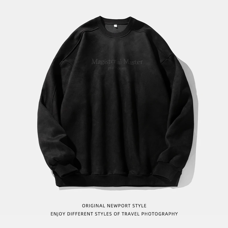 男士美式潮牌卫衣男复古圆领宽松套头秋冬季加绒重磅休闲上衣zb