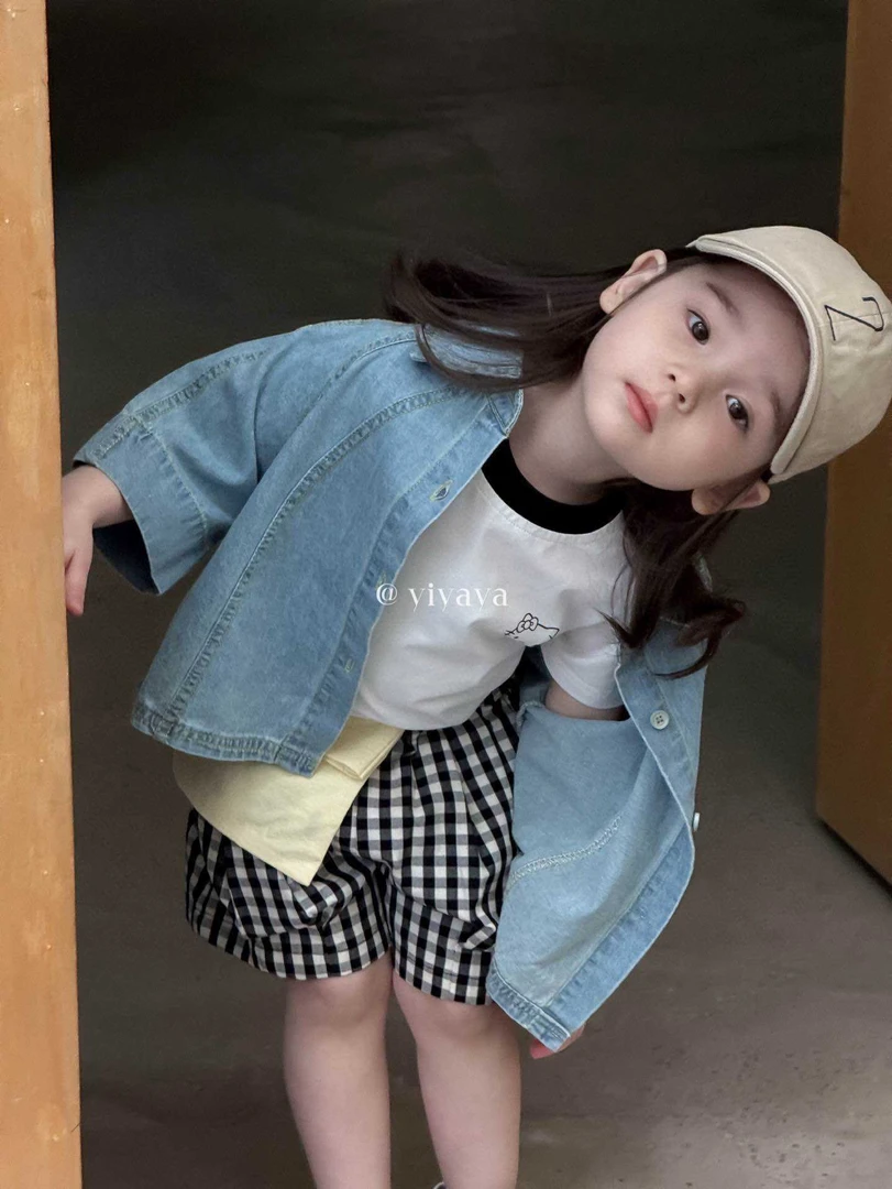 yiyaya 15111女童2025夏款蓝色牛仔短袖外套