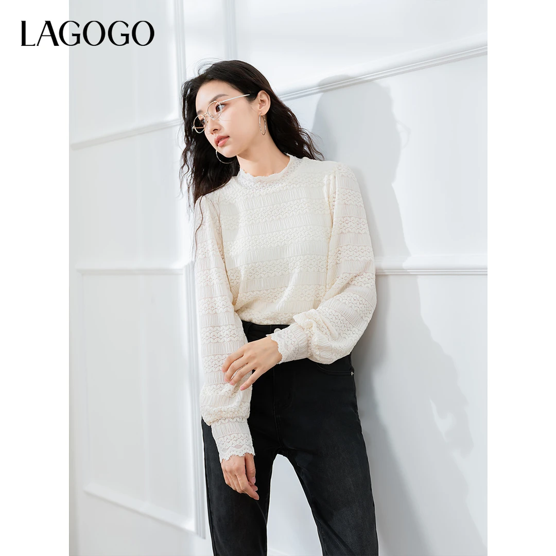 【重百粉丝专属】lagogo新款法式甜美重工蕾丝百搭上衣女OASS531G01