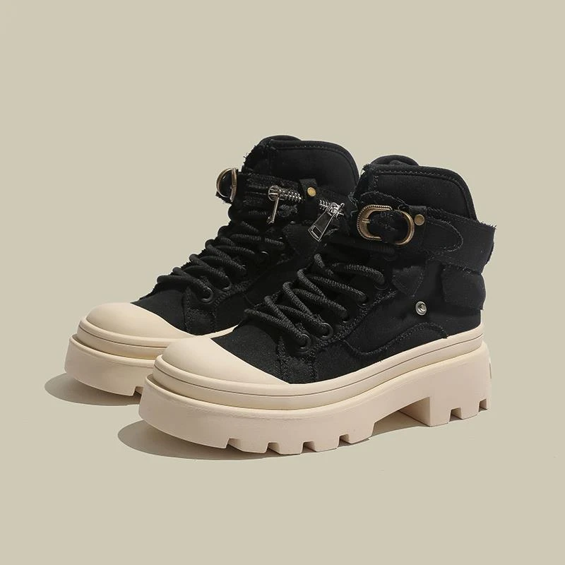 厚底增高马丁靴女2025秋季新款帆布鞋显瘦设计感英伦风工装靴高帮