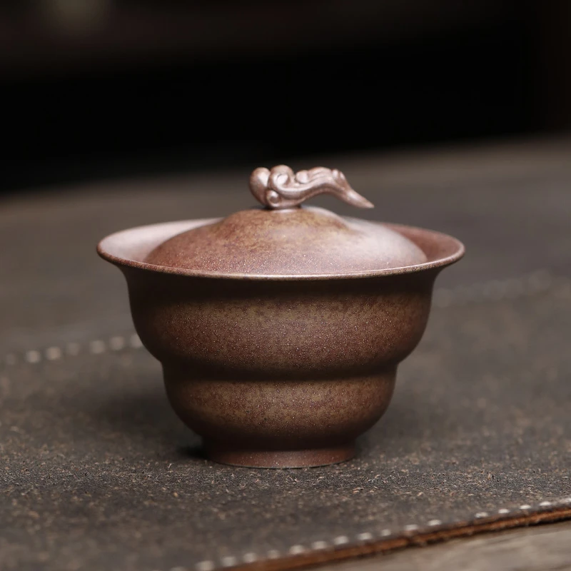 大吉羊柴烧 宜兴紫砂茶碗 原矿本山绿泥祥云盖碗120ml