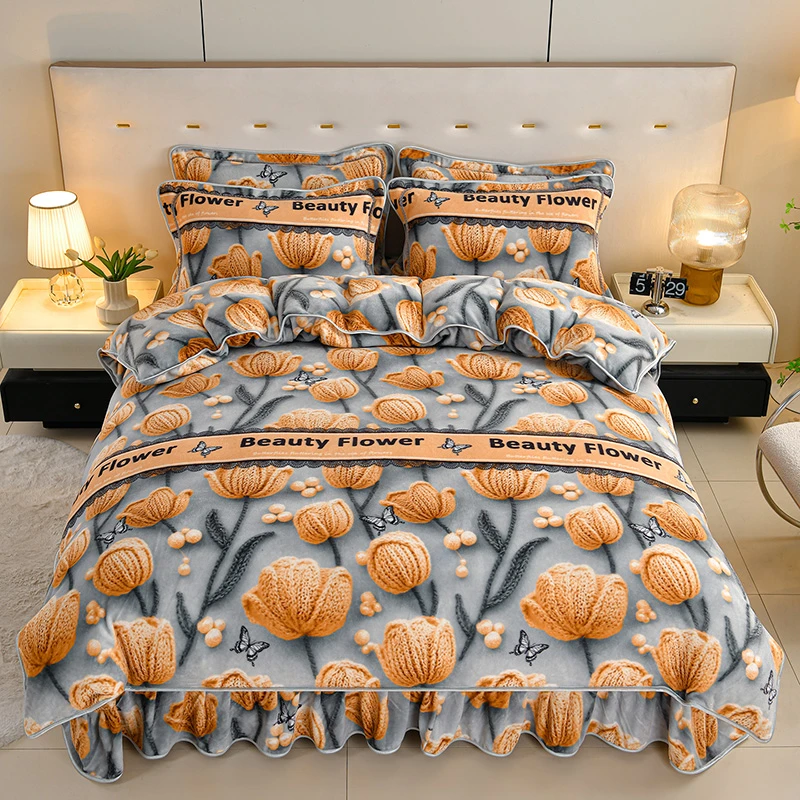 新款5D冬季加厚牛奶绒四件套双面绒被罩四件套加绒绒被套床裙