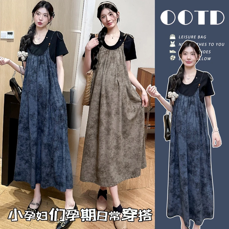 孕妇套装夏季新款时尚气质法式显瘦晕染吊带裙连衣裙百搭T恤上衣
