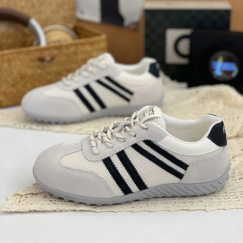 复古韩版显脚小真皮德训鞋女2025秋季新款百搭网面系带拼色小白鞋