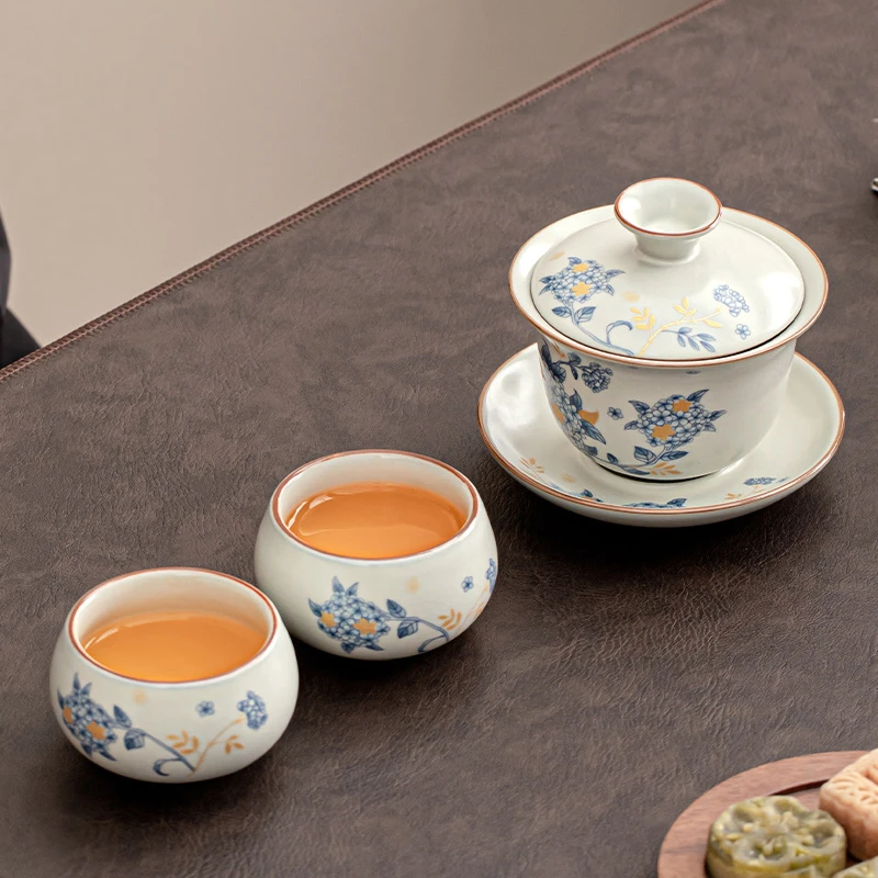 高端汝窑功夫茶具三才盖碗茶杯公杯小套装家用泡茶1-2人小型茶具
